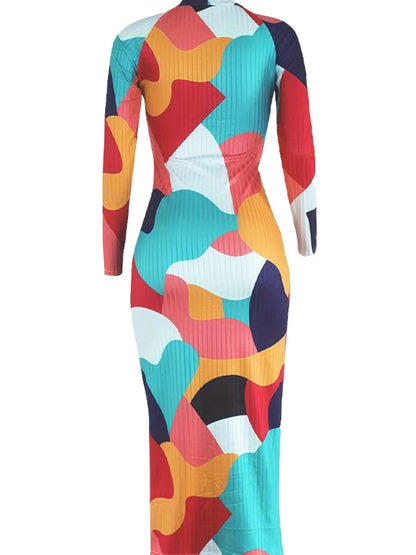 Plus Size Elegant Color Lump Patchwork Bodycon Dress Women Cold Shoulder V Neck Long Sleeve Autumn Winter Mid Calf Dresses – Elegant Plus Size Bodycon Dress