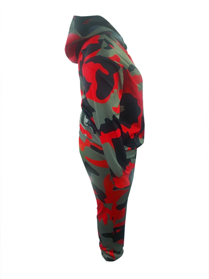 Plus Size Fashion Basic Women Autumn Winter Long Sleeve Hooded Collar Camo Print Kangaroo Pocket Tracksuit Sportswear Set