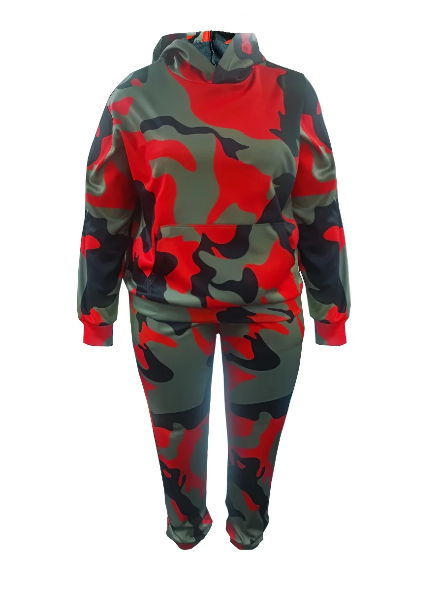 Plus Size Fashion Basic Women Autumn Winter Long Sleeve Hooded Collar Camo Print Kangaroo Pocket Tracksuit Sportswear Set