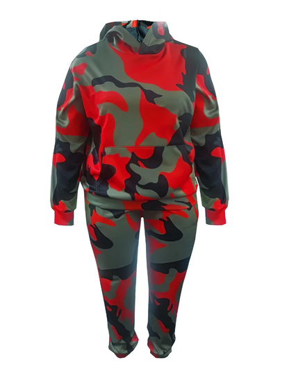 Plus Size Fashion Basic Women Autumn Winter Long Sleeve Hooded Collar Camo Print Kangaroo Pocket Tracksuit Sportswear Set