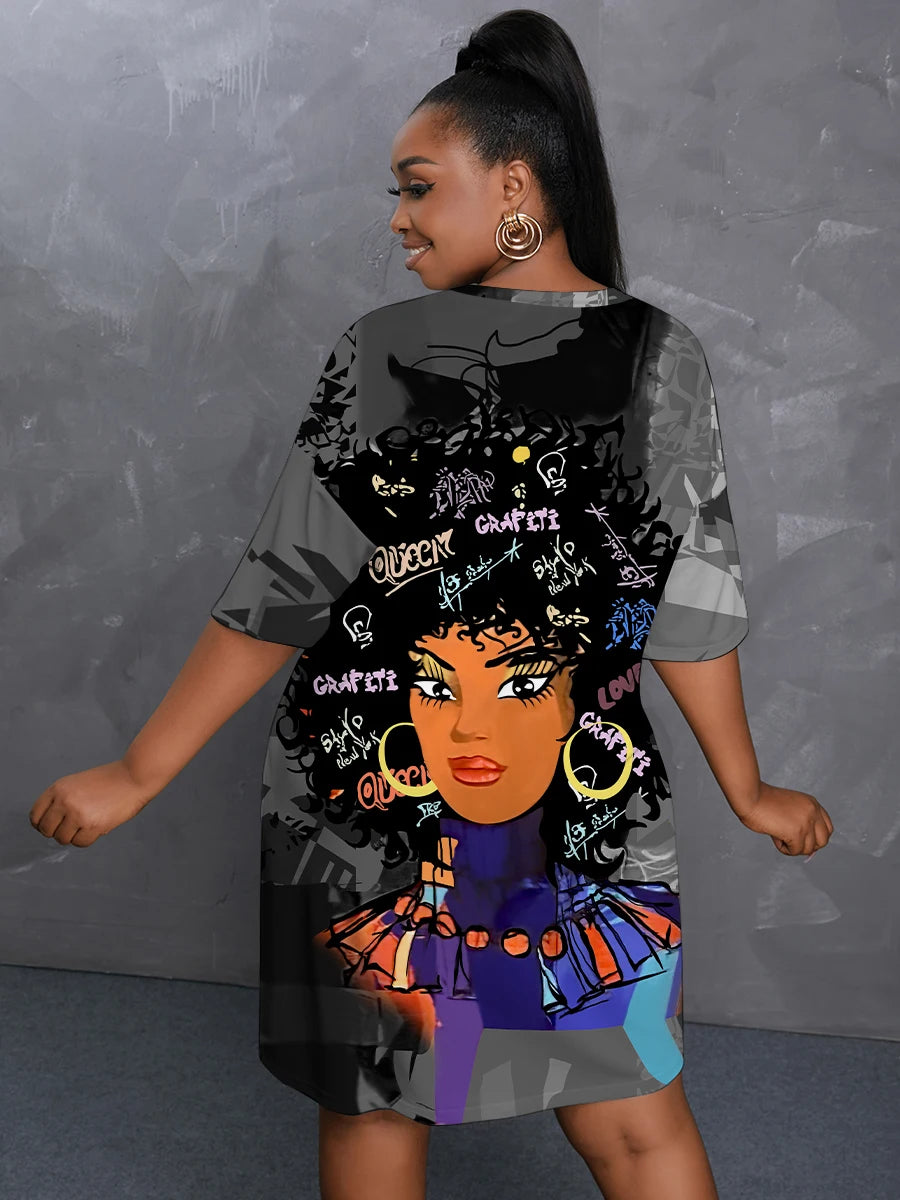 Plus Size Figure Street Letter Print Patchwork Blue Knee Length Dress Oversized T-shirt Women Summer Y2K Outfit Boyfriend Tee