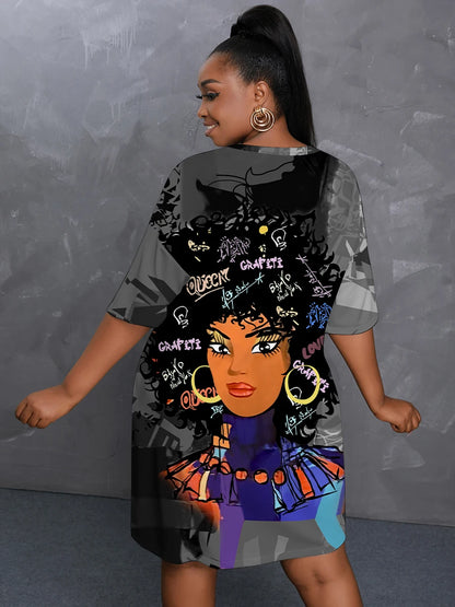 Plus Size Figure Street Letter Print Patchwork Blue Knee Length Dress Oversized T-shirt Women Summer Y2K Outfit Boyfriend Tee