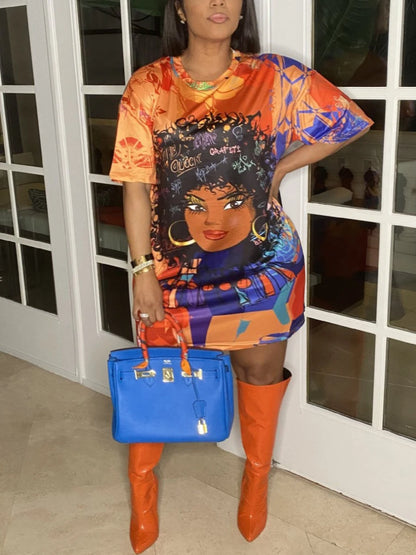 Plus Size Figure Street Letter Print Patchwork Blue Knee Length Dress Oversized T-shirt Women Summer Y2K Outfit Boyfriend Tee