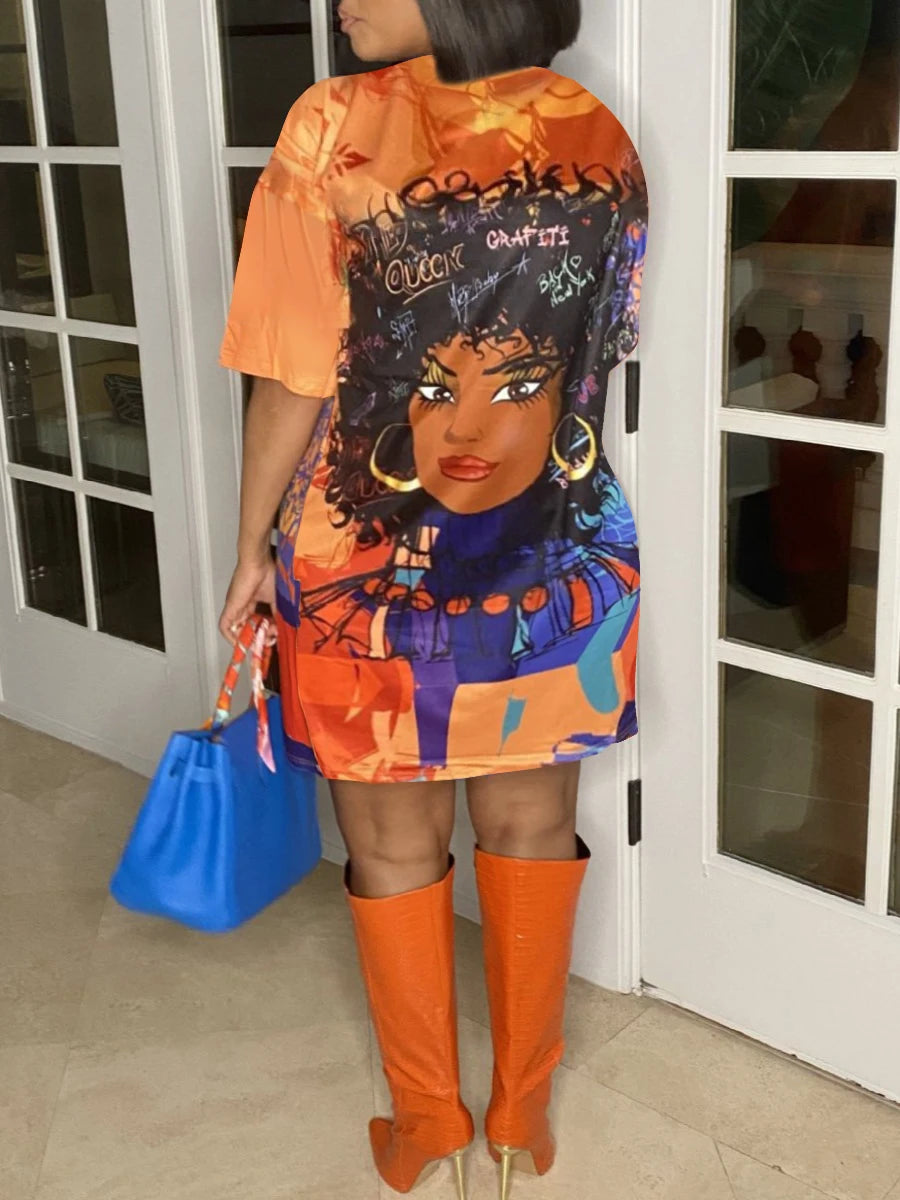 Plus Size Figure Street Letter Print Patchwork Blue Knee Length Dress Oversized T-shirt Women Summer Y2K Outfit Boyfriend Tee
