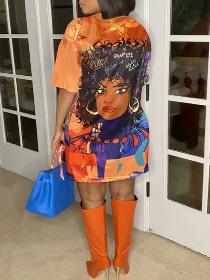 Plus Size Figure Street Letter Print Patchwork Blue Knee Length Dress Oversized T-shirt Women Summer Y2K Outfit Boyfriend Tee
