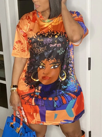 Plus Size Figure Street Letter Print Patchwork Blue Knee Length Dress Oversized T-shirt Women Summer Y2K Outfit Boyfriend Tee