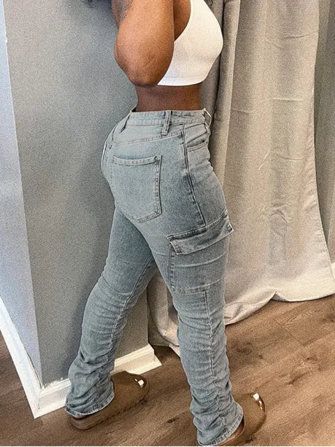 Plus Size High Waist Side Flap Pocket Cargo Jeans Women Zipper Ruched Design Skinny Trouser