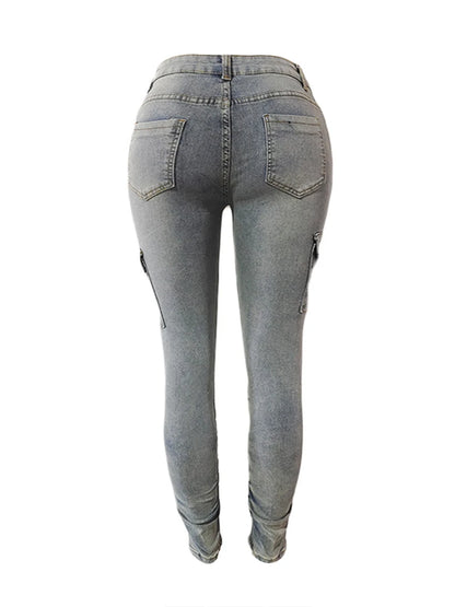 Plus Size High Waist Side Flap Pocket Cargo Jeans Women Zipper Ruched Design Skinny Trouser