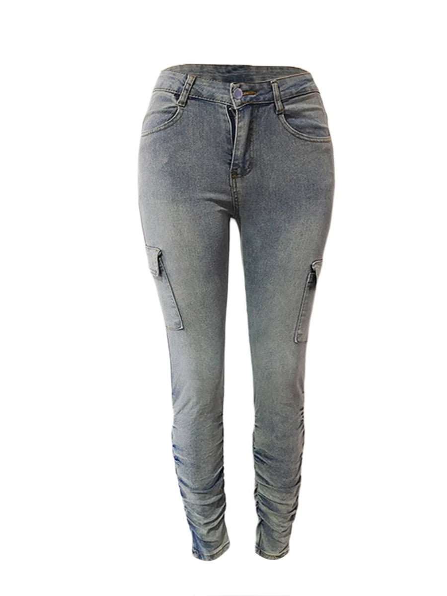 Plus Size High Waist Side Flap Pocket Cargo Jeans Women Zipper Ruched Design Skinny Trouser