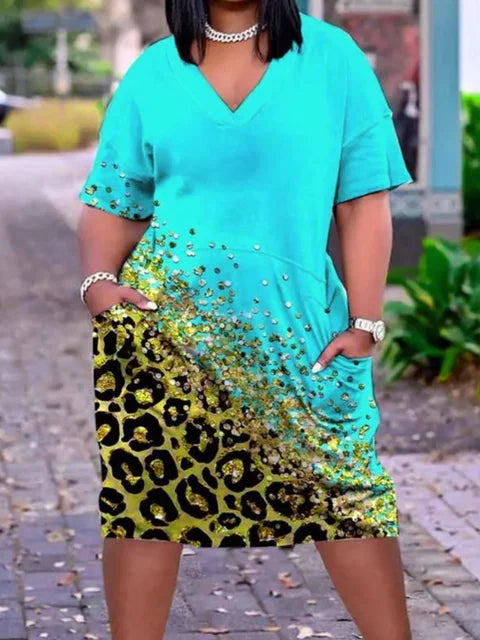 Plus Size Imitation Denim V Neck Pocket Design Women’s T-Shirt Dress – Summer Loose Vestidos