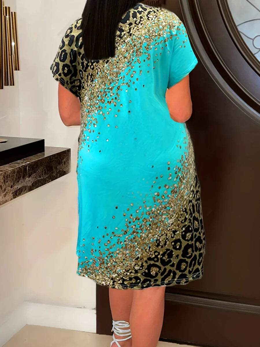 Plus Size Imitation Denim V Neck Pocket Design Women’s T-Shirt Dress – Summer Loose Vestidos