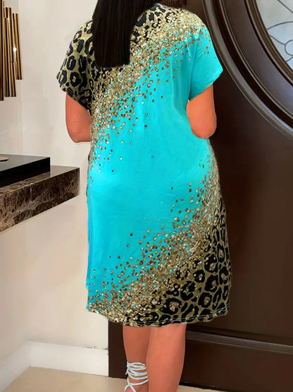 Plus Size Imitation Denim V Neck Pocket Design Women’s T-Shirt Dress – Summer Loose Vestidos