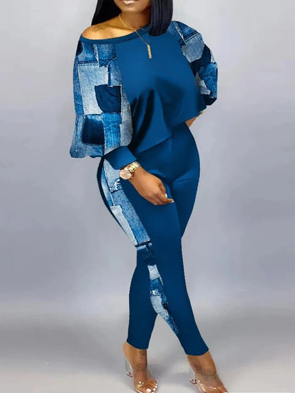 Plus Size Lantern Sleeve Gradient Print Skinny Pants Set 2025 Women Autumn Winter High Elasticity 2PC Tracksuits Outfits