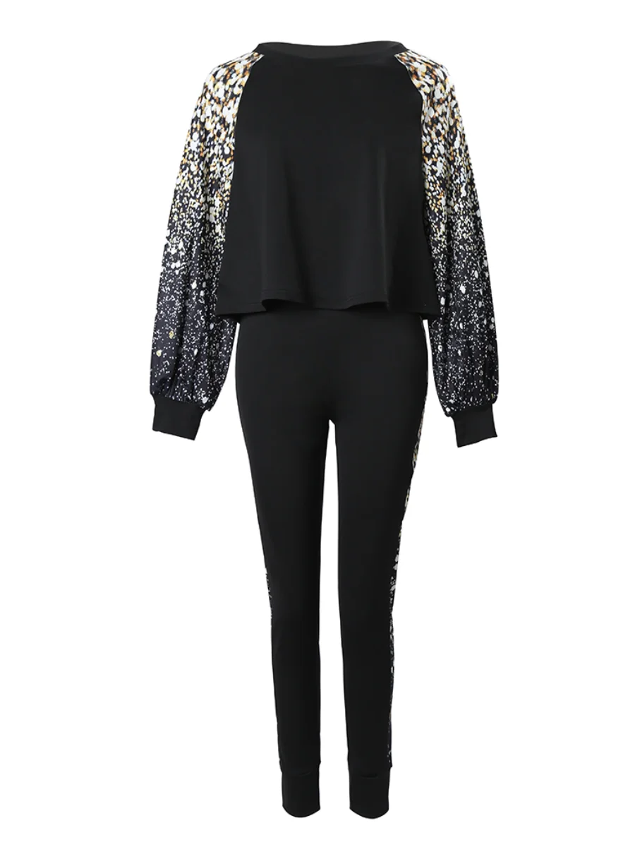 Plus Size Lantern Sleeve Gradient Print Skinny Pants Set 2025 Women Autumn Winter High Elasticity 2PC Tracksuits Outfits