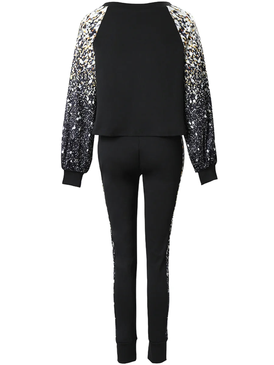 Plus Size Lantern Sleeve Gradient Print Skinny Pants Set 2025 Women Autumn Winter High Elasticity 2PC Tracksuits Outfits