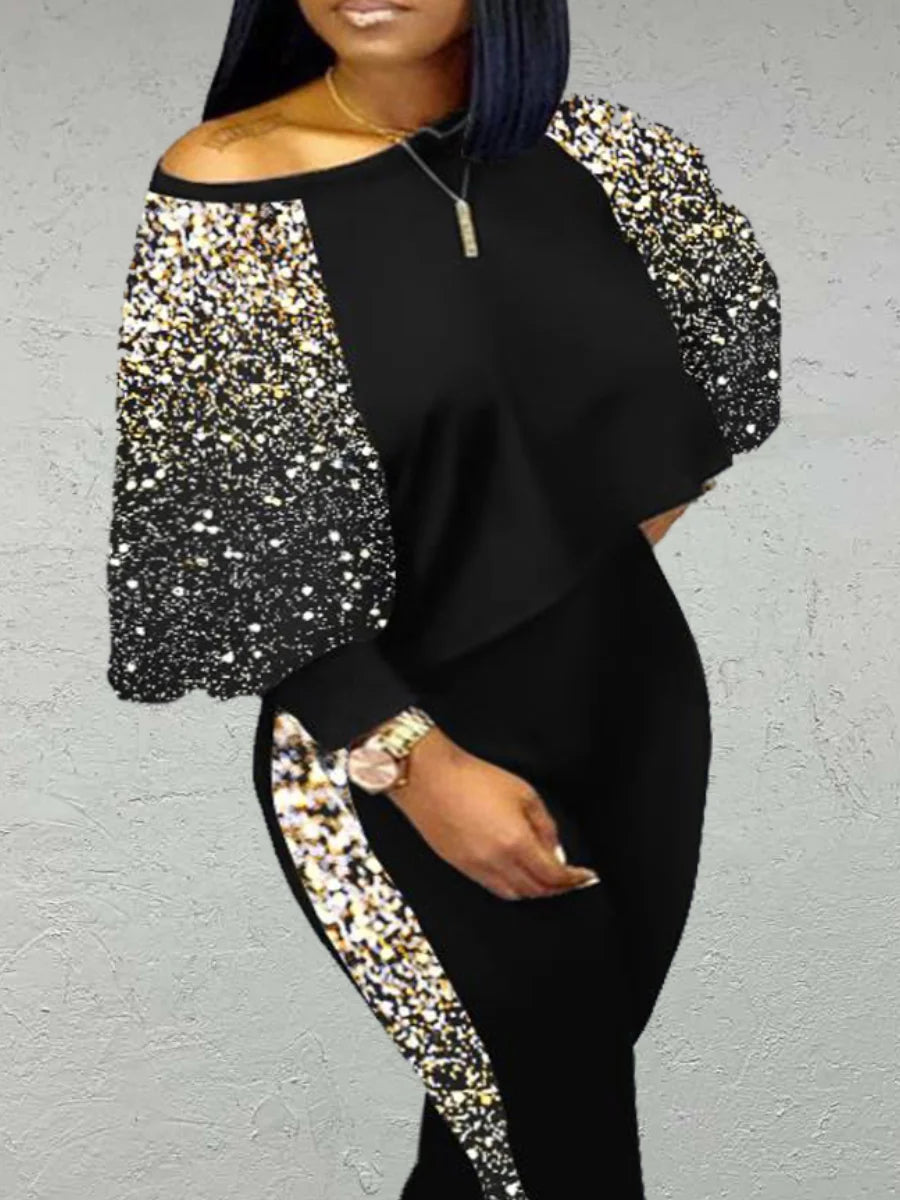Plus Size Lantern Sleeve Gradient Print Skinny Pants Set 2025 Women Autumn Winter High Elasticity 2PC Tracksuits Outfits
