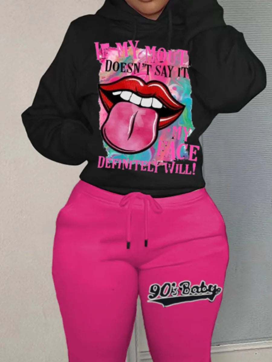 Plus Size Lips Letter Print Kangaroo Pocket Tracksuit Autumn Winter Long Sleeve Hoodies