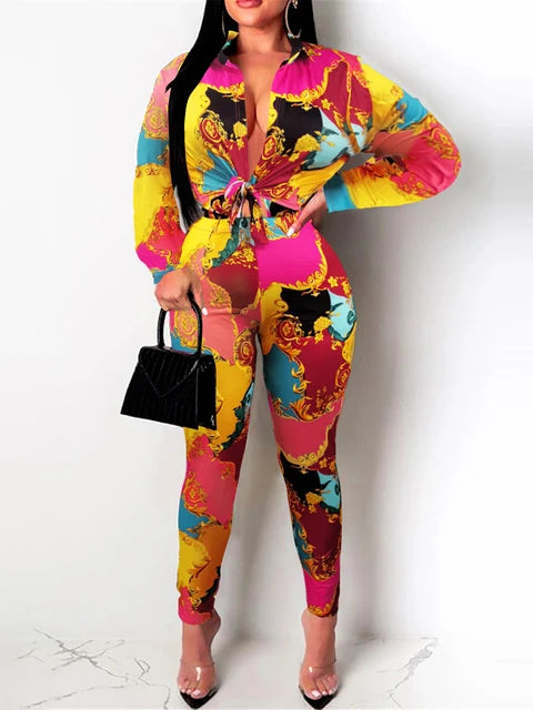 Plus Size Mixed Print Regular Fit Pants Set Fashion New 2025 Long Sleeve Shirt Causal Loose Slim Long Trouser Two Pieces