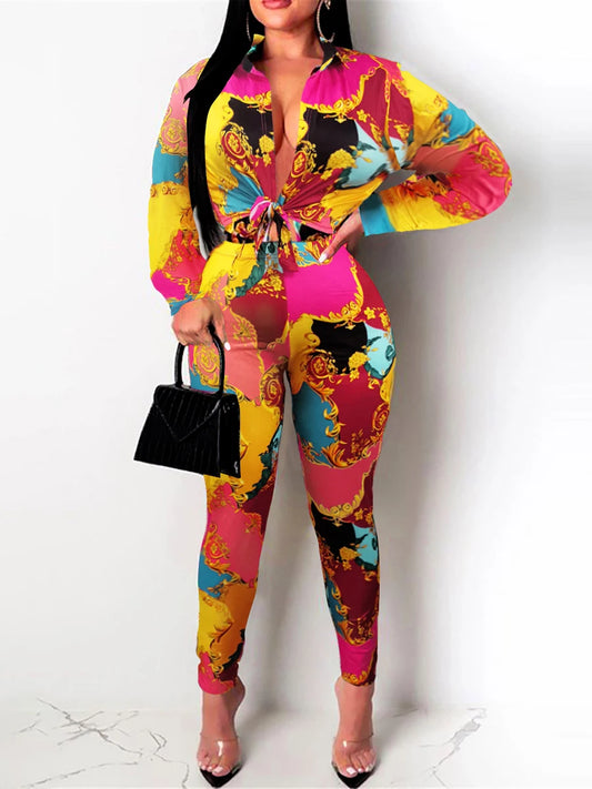 Plus Size Mixed Print Regular Fit Pants Set Fashion New 2025 Long Sleeve Shirt Causal Loose Slim Long Trouser Two Pieces