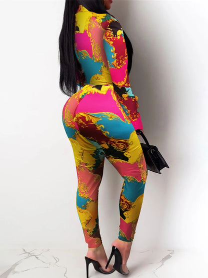 Plus Size Mixed Print Regular Fit Pants Set Fashion New 2025 Long Sleeve Shirt Causal Loose Slim Long Trouser Two Pieces