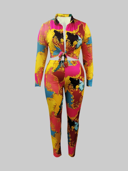 Plus Size Mixed Print Regular Fit Pants Set Fashion New 2025 Long Sleeve Shirt Causal Loose Slim Long Trouser Two Pieces