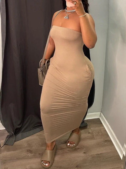 Plus Size Off The Shoulder Pocket Design Dress Summer Strapless Ruched Ankle Length Dress