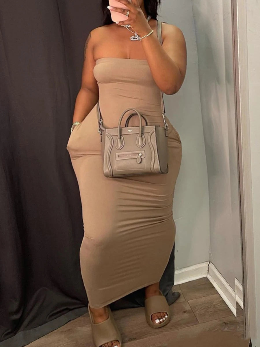 Plus Size Off The Shoulder Pocket Design Dress Summer Strapless Ruched Ankle Length Dress