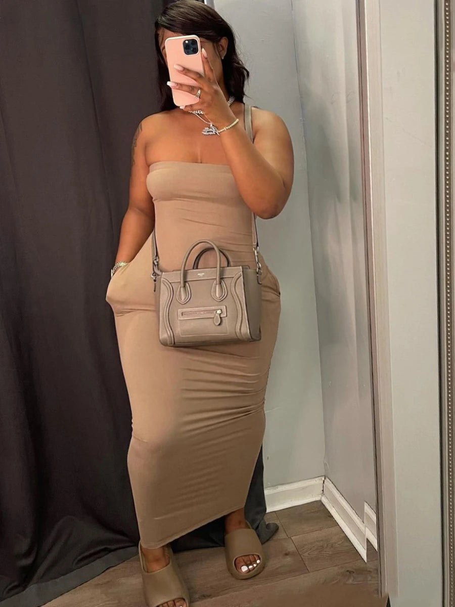 Plus Size Off The Shoulder Pocket Design Dress Summer Strapless Ruched Ankle Length Dress