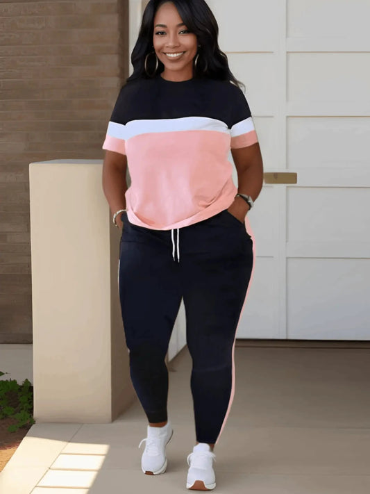 Plus Size Patchwork Drawstring Pants Set Women Color Block Skinny Short Sleeve Trousers Two Pieces Matching Suits Outfit
