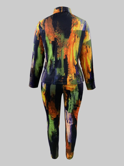 Plus Size Tie Dye Regular Fit Pants Set Shirt Collar Gradient Print Pattern Two Piece Outfit Casual Matching Suit for Women