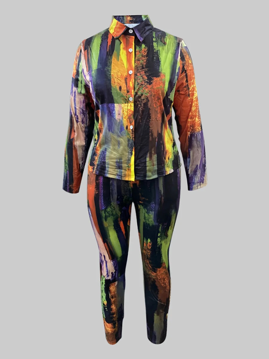 Plus Size Tie Dye Regular Fit Pants Set Shirt Collar Gradient Print Pattern Two Piece Outfit Casual Matching Suit for Women