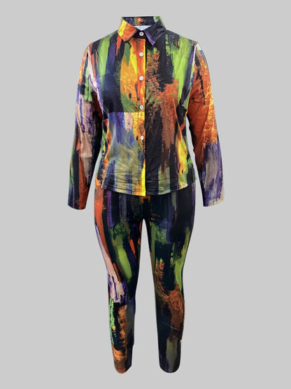 Plus Size Tie Dye Regular Fit Pants Set Shirt Collar Gradient Print Pattern Two Piece Outfit Casual Matching Suit for Women
