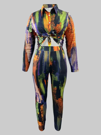 Plus Size Tie Dye Regular Fit Pants Set Shirt Collar Gradient Print Pattern Two Piece Outfit Casual Matching Suit for Women