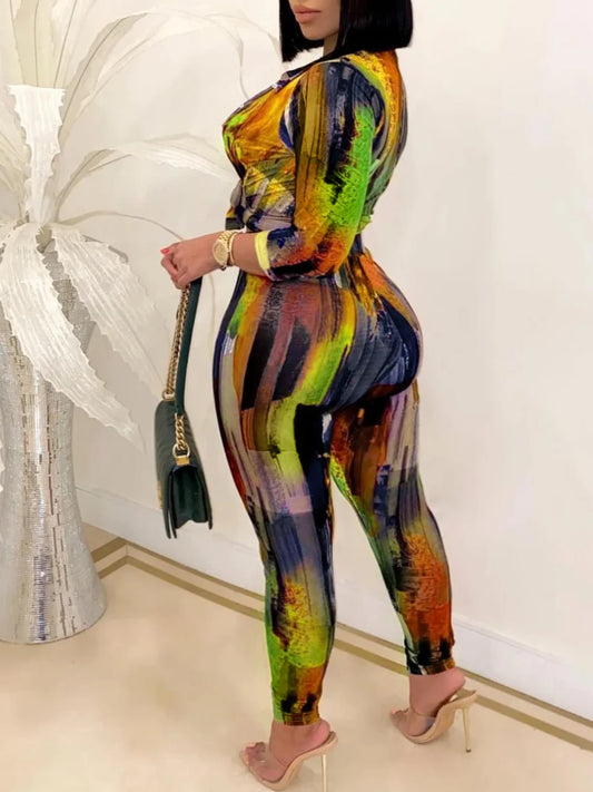 Plus Size Tie Dye Regular Fit Pants Set Shirt Collar Gradient Print Pattern Two Piece Outfit Casual Matching Suit for Women