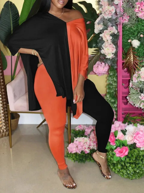 Plus Size V Neck Side Split Patchwork Pants Set Autumn Women’s Casual Short Sleeve Oversized Two Pieces Outfit
