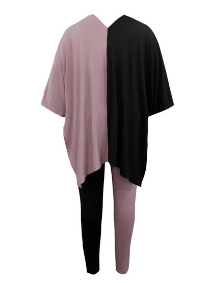 Plus Size V Neck Side Split Patchwork Pants Set Autumn Women’s Casual Short Sleeve Oversized Two Pieces Outfit