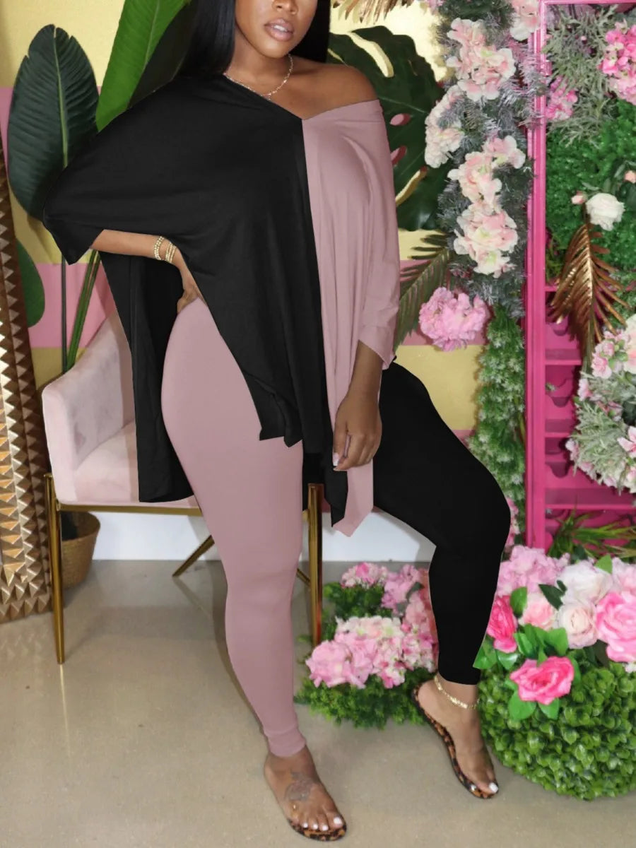 Plus Size V Neck Side Split Patchwork Pants Set Autumn Women’s Casual Short Sleeve Oversized Two Pieces Outfit