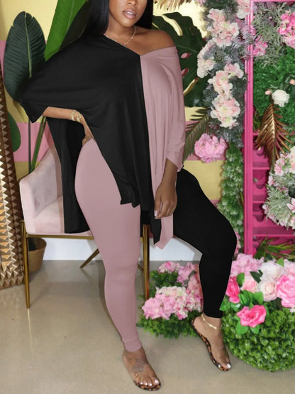 Plus Size V Neck Side Split Patchwork Pants Set Autumn Women’s Casual Short Sleeve Oversized Two Pieces Outfit