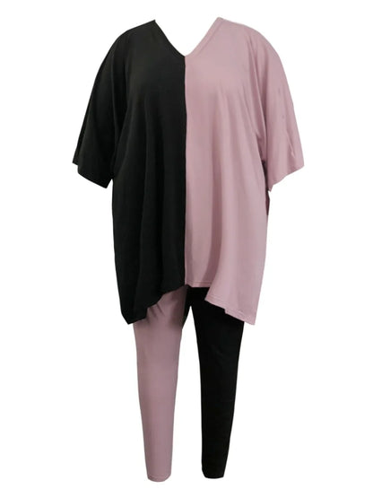 Plus Size V Neck Side Split Patchwork Pants Set Autumn Women’s Casual Short Sleeve Oversized Two Pieces Outfit