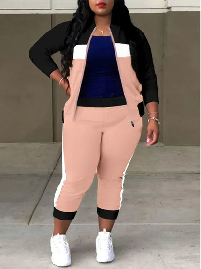 Plus Size Zipper Design Patchwork Pants Set Women Color Block Mandarin Collar Tracksuits Long Sleeve Two Pieces Outfits