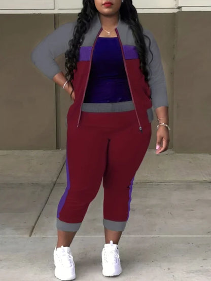 Plus Size Zipper Design Patchwork Pants Set Women Color Block Mandarin Collar Tracksuits Long Sleeve Two Pieces Outfits