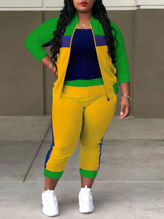 Plus Size Zipper Design Patchwork Pants Set Women Color Block Mandarin Collar Tracksuits Long Sleeve Two Pieces Outfits