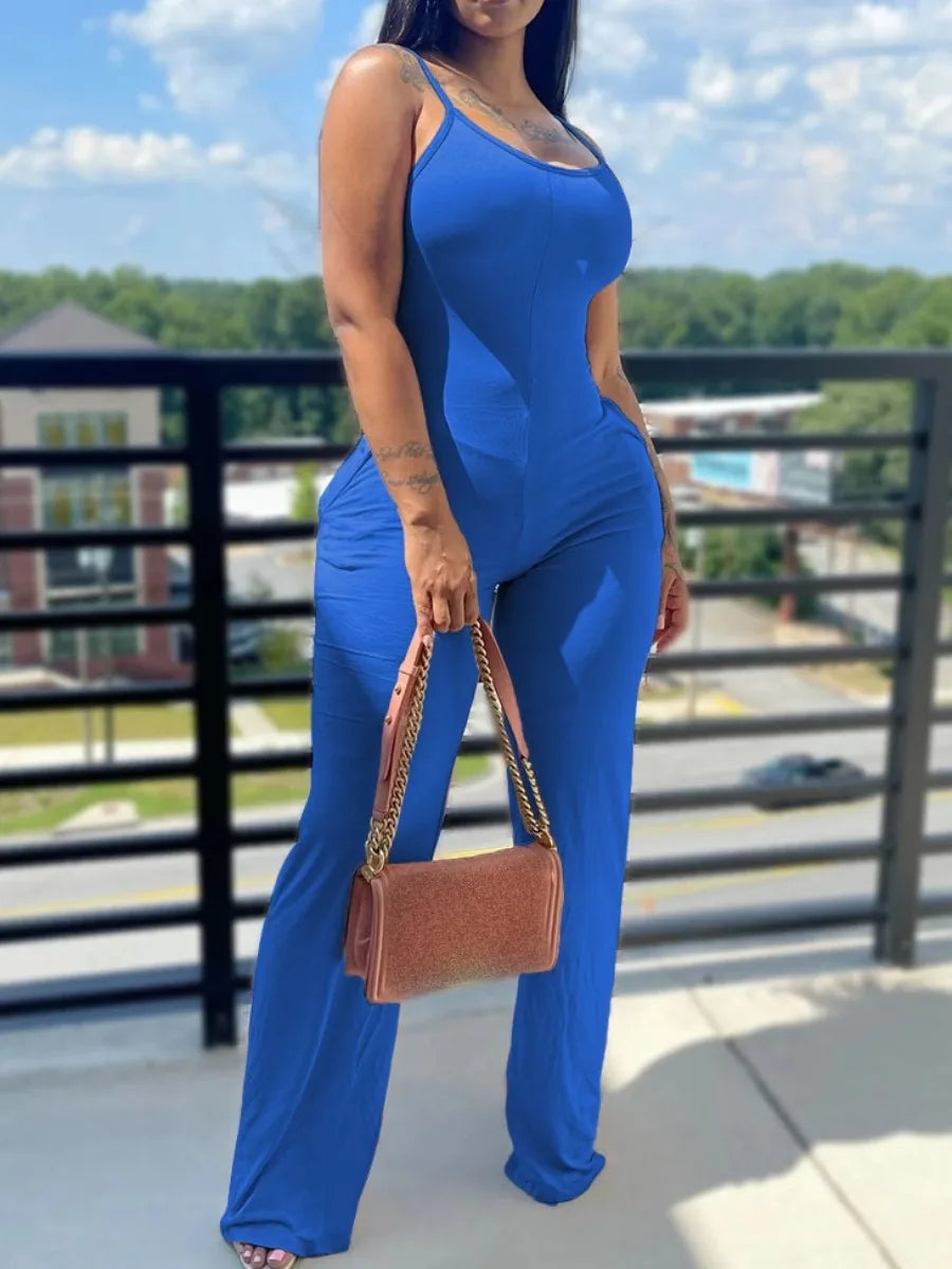 Printed Solid Color Suspender Jumpsuit Women Round Neck Sleeveless Jumpsuit Fashion Basic Casual Outfits