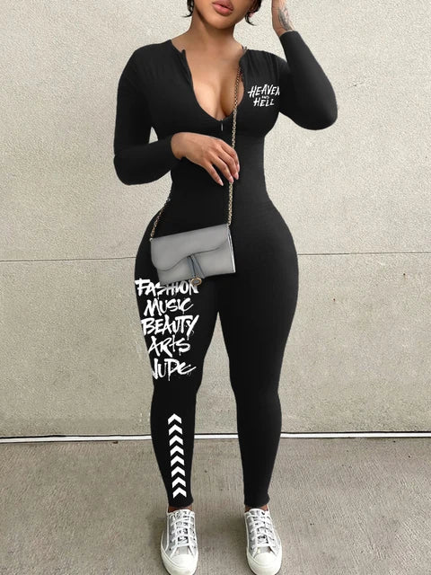 Spring Summer Women Casual Fashion V-Neck Long Sleeve Zipper Skinny Sportswear Jumpsuit