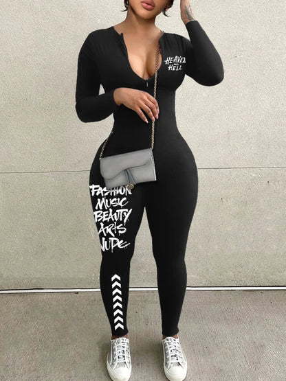 Spring Summer Women Casual Fashion V-Neck Long Sleeve Zipper Skinny Sportswear Jumpsuit