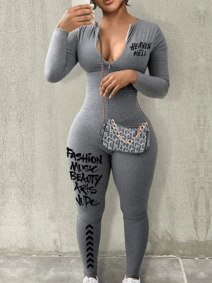 Spring Summer Women Casual Fashion V-Neck Long Sleeve Zipper Skinny Sportswear Jumpsuit