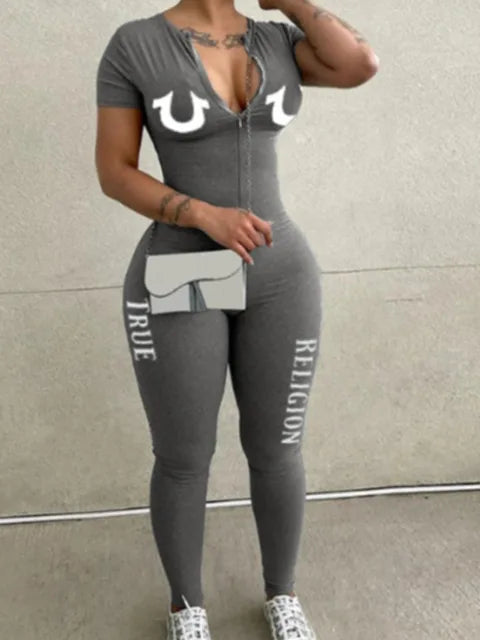 Spring Summer Women Casual Fashion V-Neck Long Sleeve Zipper Skinny Sportswear Jumpsuit