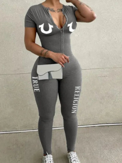 Spring Summer Women Casual Fashion V-Neck Long Sleeve Zipper Skinny Sportswear Jumpsuit