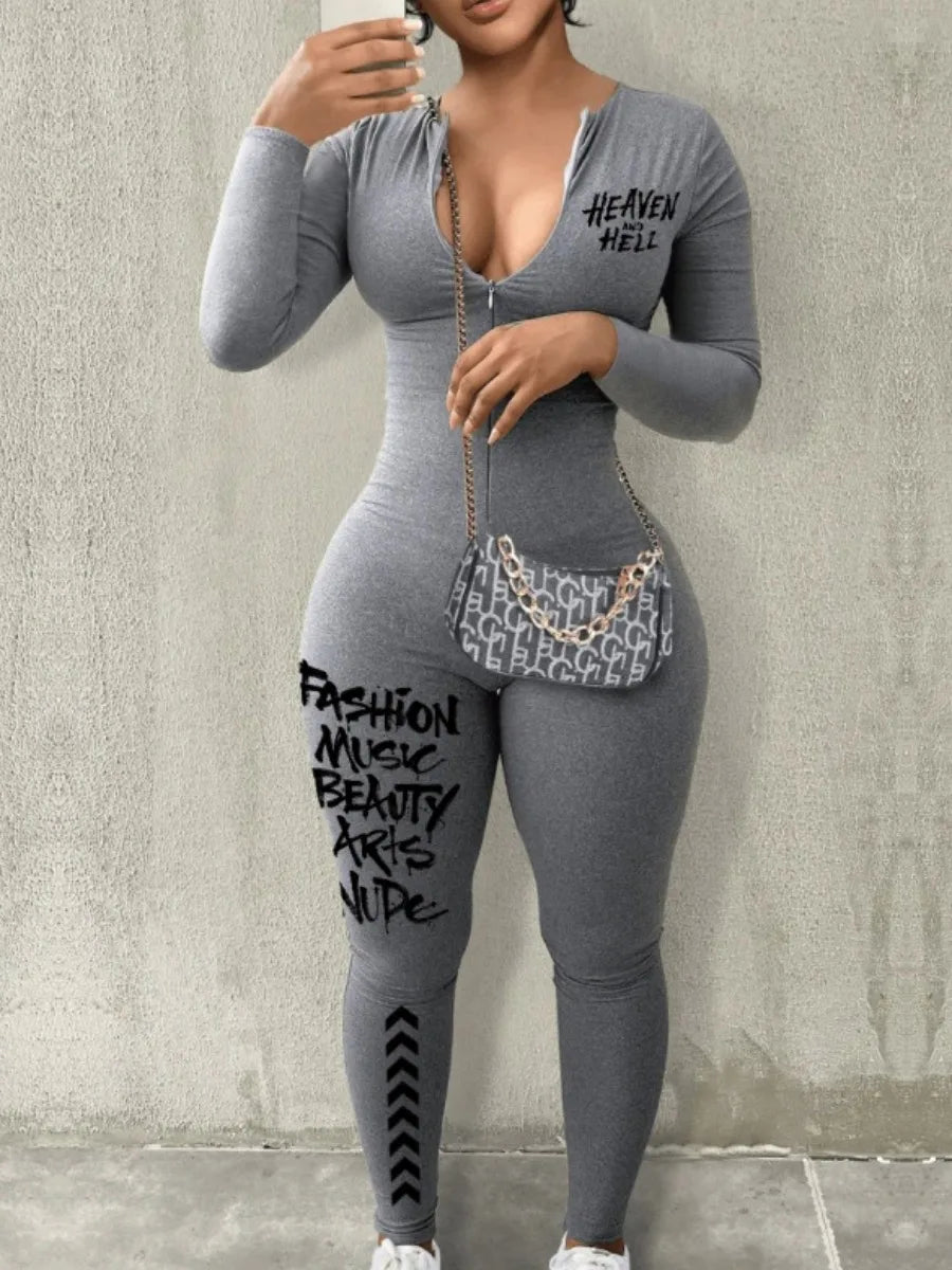Spring Summer Women Casual Fashion V-Neck Long Sleeve Zipper Skinny Sportswear Jumpsuit