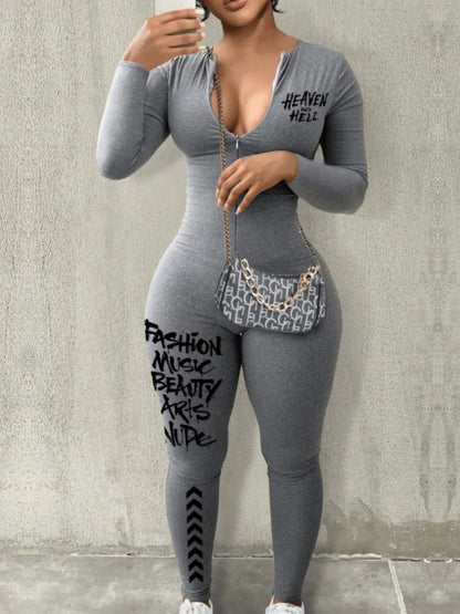 Spring Summer Women Casual Fashion V-Neck Long Sleeve Zipper Skinny Sportswear Jumpsuit